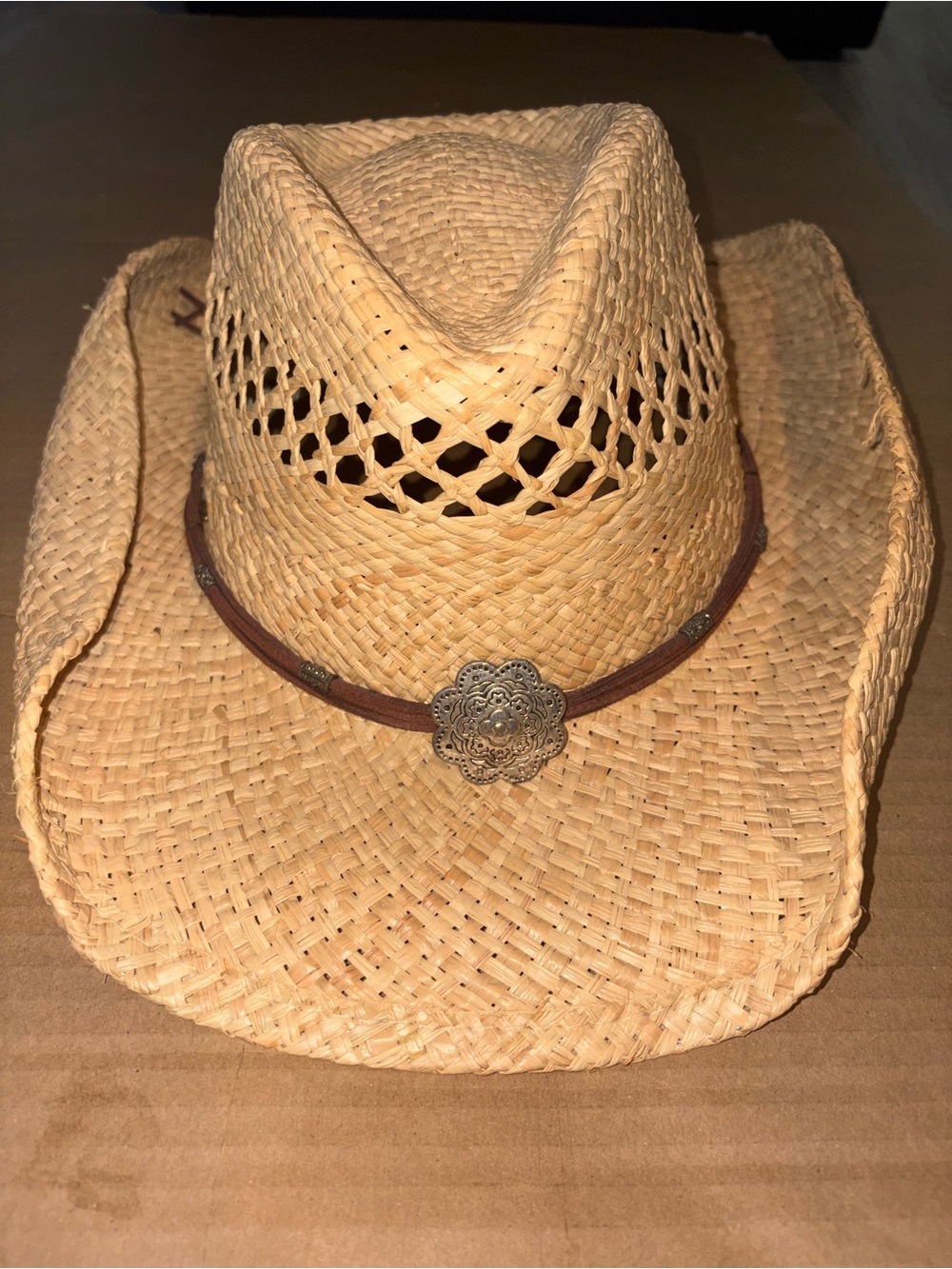 Scala Natural Straw Cowboy Hat with Brown Band and Silver Concho